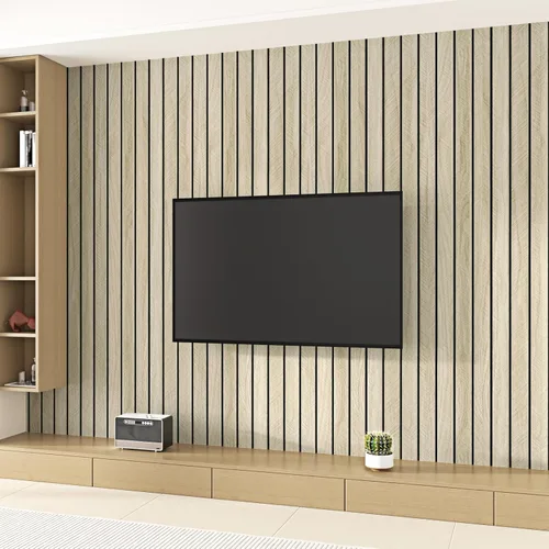 Vista 4 de Wallercity Paneles acústicos de listones de madera marrón claro para decoración elegante, reducción de ruido, paneles de grano de madera con textura