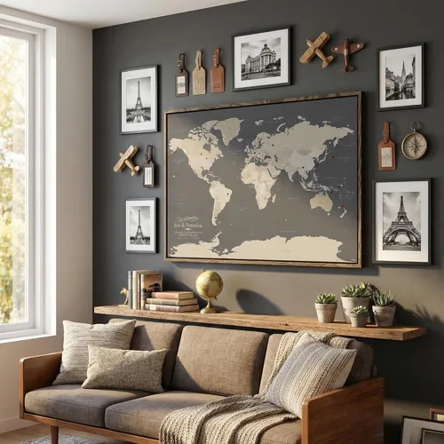 Vista 9 de Mapamundi con alfileres, con marco de 24 x 36 pulgadas y alfileres, Negro, 24 x 36 pulgadas Soporte flotante plateado