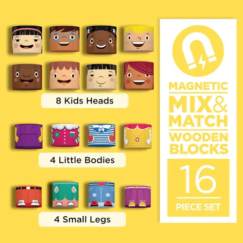 Vista 4 de Juego de amigos magnéticos multirraciales de 16 piezas, bloques de construcción de diversidad de madera para niños, muñecas multiculturales