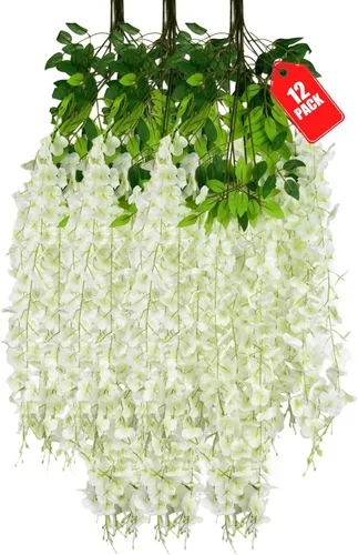 Vista 69 de Paquete de 12 flores colgantes de glicina rosa, flores colgantes falsas de 3.44 pies, guirnalda de glicina artificial para decoración de boda, telón