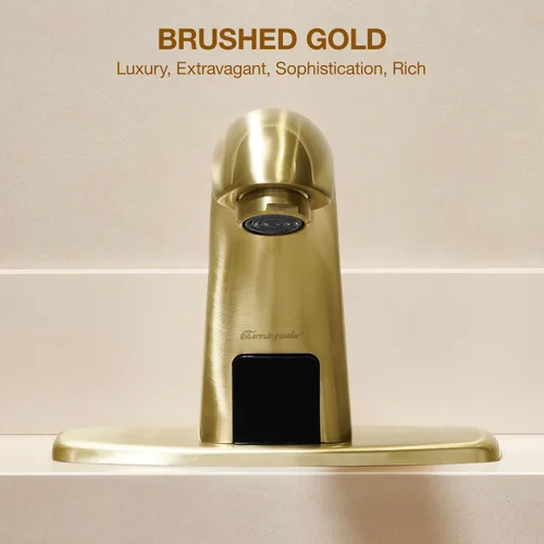 Vista 3 de Charmingwater Grifo de lavabo de baño sin contacto, grifo con sensor automático de movimiento con placa de cubierta de agujero, oro cepillado