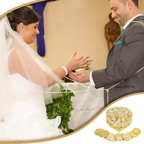 Vista 7 de Juego de monedas Arras de boda – Caja dorada en forma de corazón con 13 monedas de Virgen de Guadalupe, Arras de Boda Cristiana, accesorios de boda
