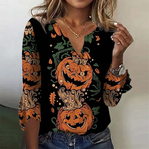 Vista 2 de 34 Length Sleeve Womens Tops Loose Casual Bat Print Shirts Halloween Graphic Tee Comfy V Neck Plus Size T Shirt Lightning Deals of Today