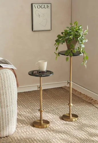 Vista 4 de Mesa ajustable de mármol negro de 10 pulgadas con 2 posavasos, latón antiguo Adjustable 10" round martini end table & pedestal side table. Black