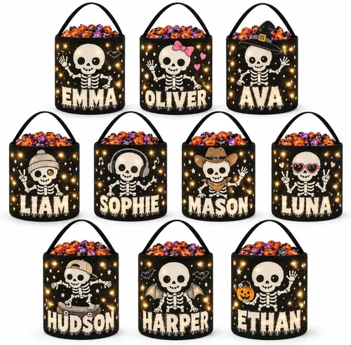 Vista 4 de IZI POD Bolsa LED personalizada de fantasma, bolsa de cubo de luz de Halloween con Nama, cesta de dulces personalizada para niños Diseño 3