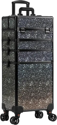 Vista 9 de AROUS Estuche de Maquillaje Rodante 5 en 1, Estuche de Cosmetología con Ruedas, Organizador de Cosméticos Grande, Carro de Viaje para Peluquero