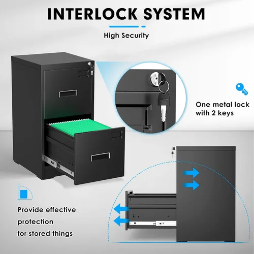 Vista 4 de Greenvelly Archivador Vertical de 18" D, Gabinete de 2 Cajones con Cerradura para Oficina en Casa, Metal Negro para Colgar Carpetas