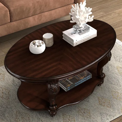 Vista 6 de Mesa de café ovalada de madera para sala de estar, mesa de café de dos niveles de madera maciza con estante de almacenamiento abierto, mesa