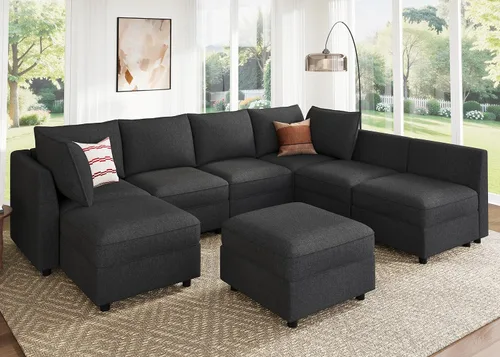Vista 20 de HONBAY Sofá seccional modular con almacenamiento en forma de L sofá seccional, sofás convertibles para sala de estar - verde
