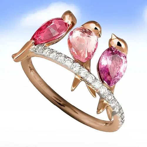 Vista 2 de Washranp Exquisito anillo de estilo fresco para mujer, pareja, anillos de amor creativos, 3 pájaros, animales, diamantes de imitación, fiesta
