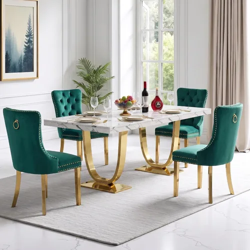 Vista 15 de Henf Mesa de comedor rectangular de mármol sintético blanco de 70 pulgadas Blanco & Oro