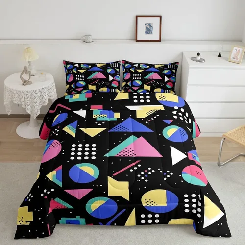 Vista 25 de Juego de edredón de estilo retro de los años 80, juego de ropa de cama de patrón geométrico abstracto, diseño urbano moderno con círculos