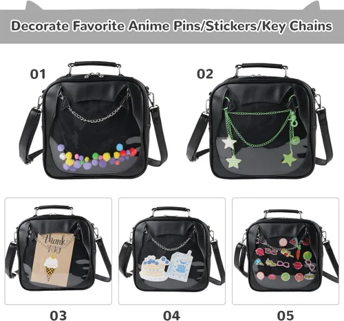 Vista 6 de LUI SUI Bolso Ita para mujer, bolso cruzado kawaii, lindo gato, bolso de mensajero, mochila transparente, bolso de hombro con pin