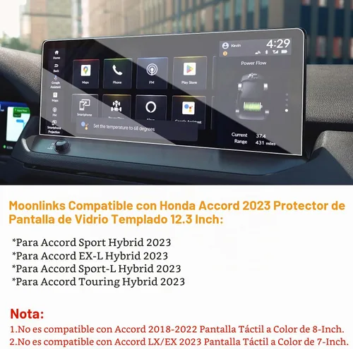 Vista 3 de Moonlinks Protector de pantalla compatible con Honda Accord 2025 2024 2023 de 12.3 pulgadas, protector de pantalla de vidrio templado, dureza 9H