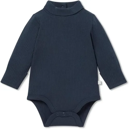 Vista 4 de MORI Body unisex de cuello alto acanalado para bebé con apertura trasera, cómodo mameluco de una pieza de cuello alto para niños y niñas azul