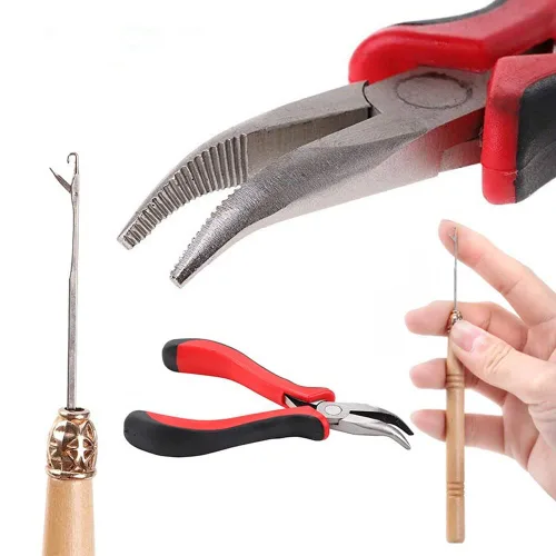 Vista 2 de Kit de herramientas de extensiones de cabello, 500 piezas de cuentas de microanillo, 1 alicates de extensión de cabello, 1 aguja de gancho, 1 lazo