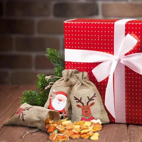Vista 6 de Bolsas de yute y arpillera de Navidad de LOKIPA, bolsas de yute y lino de Navidad con cordón para regalos y dulces de Navidad (12)