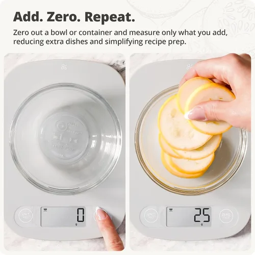 Vista 4 de Greater Goods Báscula de alimentos – Báscula digital de cocina, precisión de 1g (0.035 oz), tara fácil y conversión rápida, diseño compacto delgado