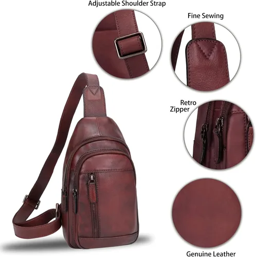 Vista 6 de IVTG Bolso bandolera de cuero genuino para mujeres y hombres, bolso cruzado de cuero, bolso de hombro para el pecho, mochila, Café, Mochilas Sling