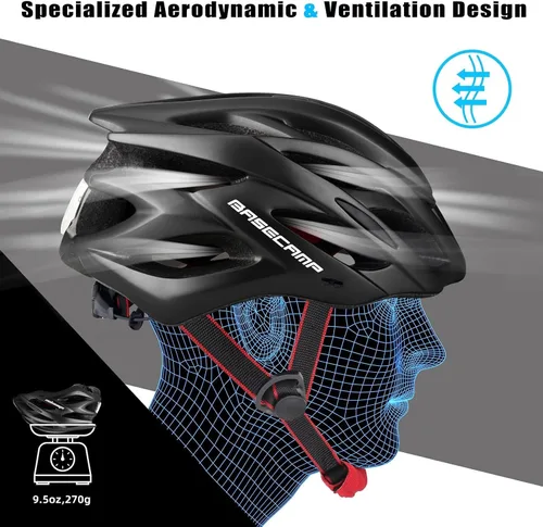 Vista 3 de Basecamp Casco de bicicleta para mujeres y hombres con luz LED de seguridad extraíble, visera solar, casco de bicicleta ligero, ajustable