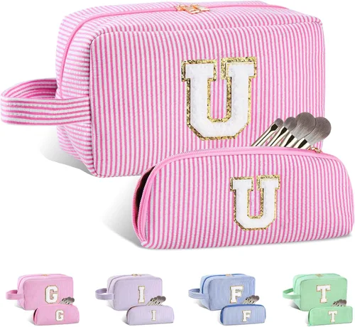 Vista 122 de Bolsa de maquillaje personalizada con inicial A-Z para mujeres, niñas y niños, bolsa de aseo de viaje, bolsa de maquillaje preparada, bolsa