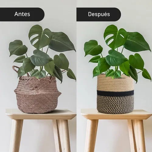 Vista 3 de TIMEYARD Cesta pequeña de mimbre para plantas, maceta para plantas de Negro y yute