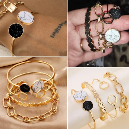 Vista 2 de 17IF 6 Pack Dainty Boho Gold Silver Chain Bracelets Set for Women Girls Stackable Chunky Multipack Layered Bangles Adjustable Flat Cuff Cuban Punk