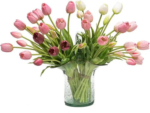 Vista 21 de DUYONE 15 flores de tulipanes artificiales, ramo de látex de tacto real, tulipanes falsos para oficina, boda, fiesta, hogar, cocina, jardín