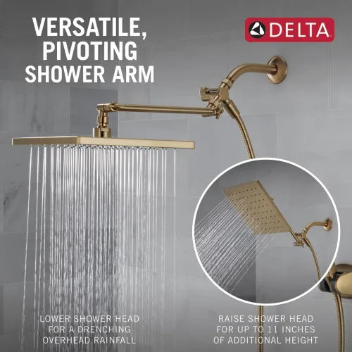 Vista 4 de Delta Faucet - Conjunto de regadera tipo lluvia de 10 pulgadas y ducha de mano, regadera cuadrada dorada, de efecto lluvia, ducha de mano, de alta
