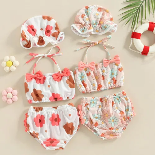 Vista 2 de Traje de baño para niña pequeña, traje de baño para bebé, traje de baño de 3 piezas, traje de playa de verano, pantalones cortos, sombrero