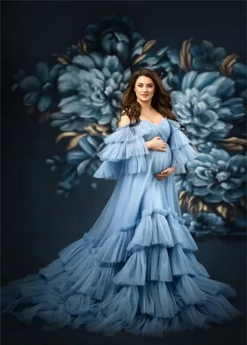 Vista 5 de Vestidos de maternidad de tul hinchado con volantes para sesión de fotos, hombros descubiertos, lencería nupcial, baby shower, bata de embarazo