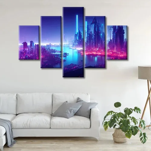 Vista 111 de Cuadros de 5 paneles de Cyberpunk City, arte de pared, representación de vallas publicitarias, edificios modernos en la capital con obras de arte