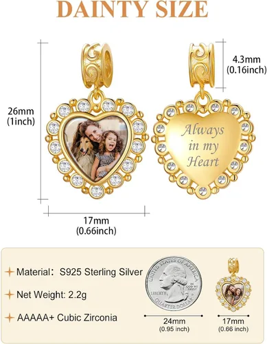 Vista 39 de Custom4U Photo Charms for Bracelets 925 Sterling Silver/Gold Plated Heart/Tree of Life/Round Charm Bead Personalized with Picture Custom
