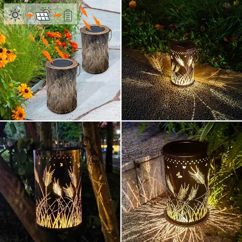 Vista 5 de Faroles solares impermeables para exteriores, luces solares de libélula de metal, luces solares decorativas de mesa, farol colgante solar, luces