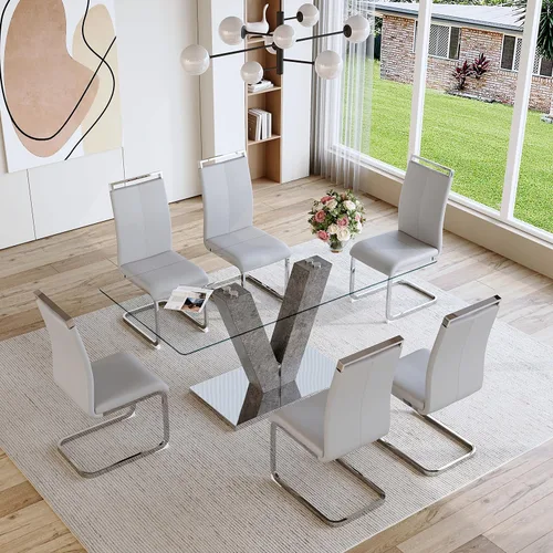 Vista 10 de gopop Juego de mesa de comedor moderna para 6, 7 piezas, mesa de comedor de mármol, mesa de cocina rectangular de 71 pulgadas con 6 sillas tapizadas