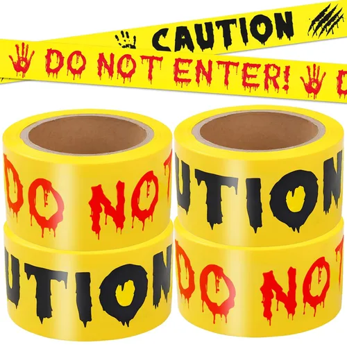 Vista 9 de Cinta de precaución para decoración de Halloween, HAUNTED KEEP OUT rollo de precaución sangriento blanco de escena del crimen de 2 pulgadas x 82