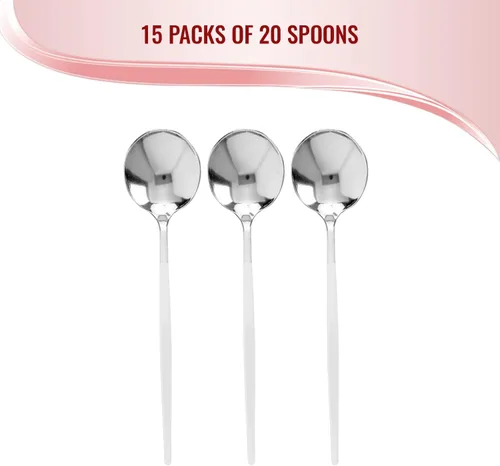 Vista 4 de Cucharas de plástico desechables plateadas con mango blanco, paquete de 240 cubiertos resistentes de 8.1 pulgadas sin BPA, elegantes cucharas