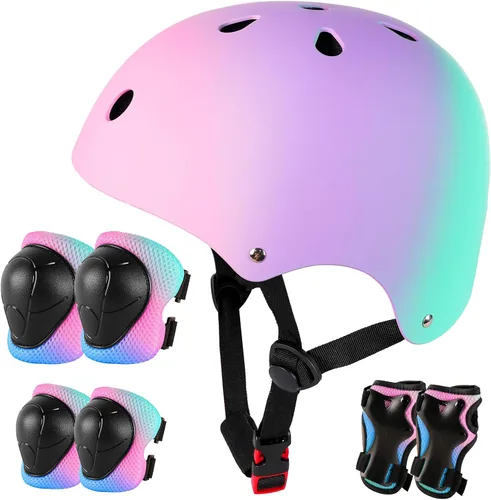 Vista 9 de Casco de bicicleta para niños de Banzk, para edades 3-5-8-14+, para niñas y niños, casco con rodilleras, coderas y muñequeras, ventilación