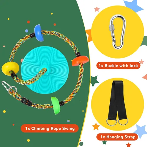 Vista 2 de Tree Swing for Kids,Heavy Duty Single Disc Seat Climbing Rope Set with Hanging Strap and Platform Carabiners for Backyard Treehouse and Outdoor
