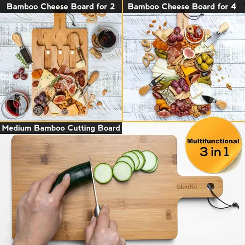 Vista 7 de BlauKe - Tabla de queso de bambú con cubiertos (incluye 3 cuchillos de queso)