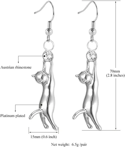 Vista 5 de Aretes U7 bañados en platino, con dije de gato y diamantes de imitación