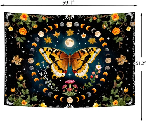Vista 6 de Delur Tapiz de mariposa y luna, flores, botánico, floral, bohemio, tapiz para colgar en la pared, mandala estético, hongo, retro, vintage, cabecero