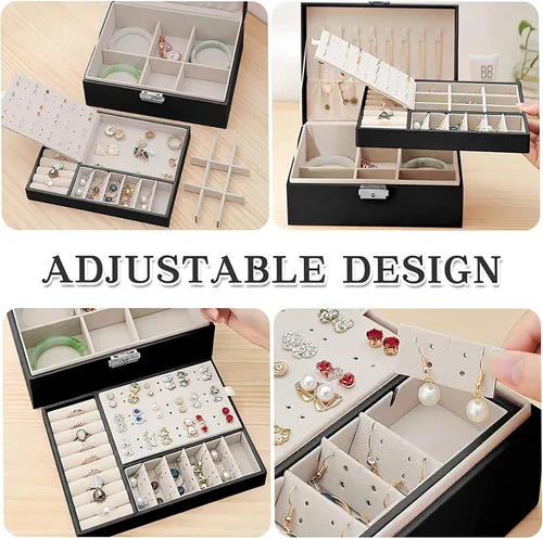 Vista 6 de Organizador de joyas para mujer organizador grande de joyas de viaje de 2 capas de piel sintética con forro suave para mujeres y niñas anillos