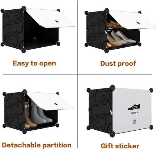Vista 5 de KOUSI Organizador portátil para zapatos, 64 pares, estante de torre, soporte de armario expandible para tacones, botas, pantuflas, 8 niveles, negro