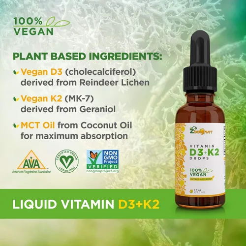 Vista 2 de Gotas líquidas veganas Vitamina D3 K2 (MK7) – Vitamina D líquida 100% a base de plantas mejorada con aceite de coco para una máxima absorción – 1