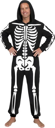 Vista 8 de Spooktacular Creations Disfraz de esqueleto para adultos, para hombre, que brilla en la oscuridad, pijama con capucha, ropa de dormir