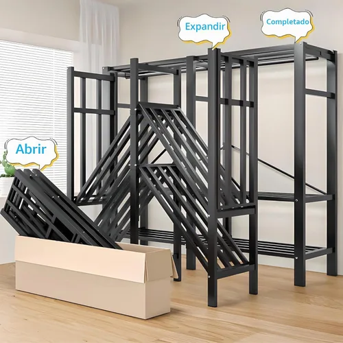 Vista 4 de Perchero cubierto resistente con puerta magnética, plegable, portátil, para colgar ropa, perchero de metal negro con ruedas (negro, 49.12 pulgadas)