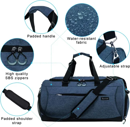 Vista 5 de Kuston Bolsa de gimnasio deportiva con compartimento para zapatos y bolsillo húmedo, bolsa de lona para gimnasio para hombres y mujeres, Azul