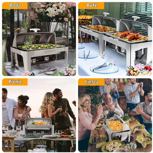 Vista 2 de ROVSUN - Juego de 3 platos de bufé con tapa enrollable, 9 cuartos de galón de acero inoxidable rectangular para catering, servidores de bufé