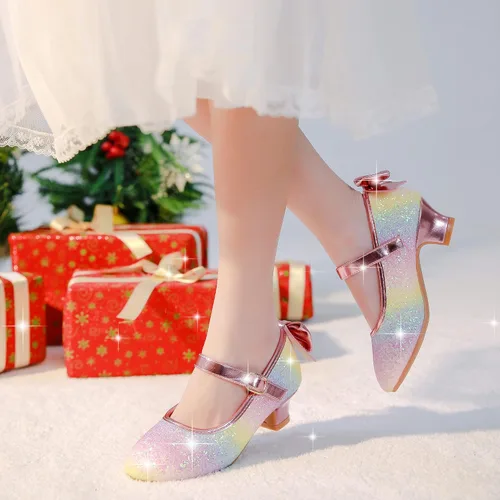 Vista 2 de Dufannie Zapatos de vestir para niñas, zapatos de tacón bajo de princesa, zapatos planos con purpurina para bodas y fiestas